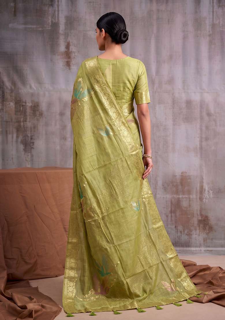 Light Green Zari Work Cotton Saree Set - Indya