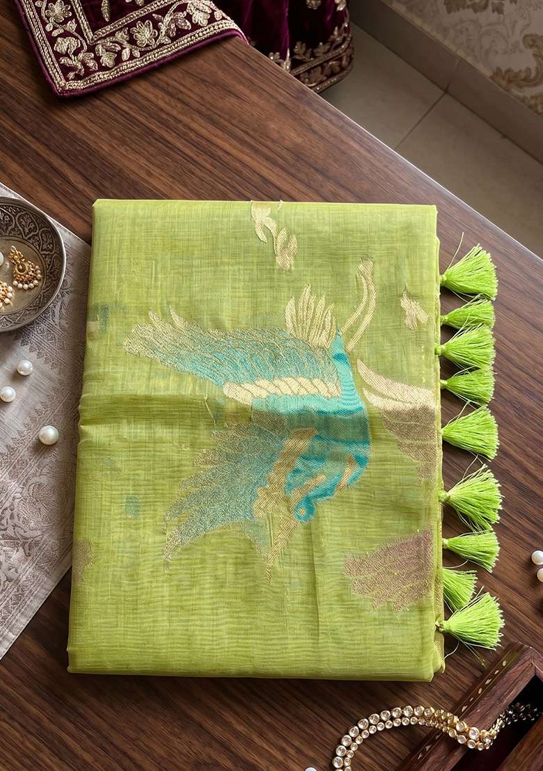 Light Green Zari Work Cotton Saree Set - Indya