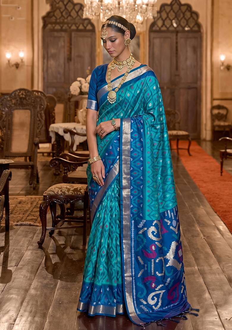 Sky Blue Zari Work Silk Saree Set - Indya