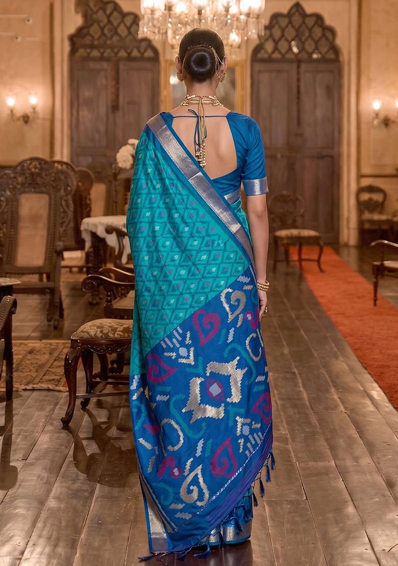 Sky Blue Zari Work Silk Saree Set - Indya