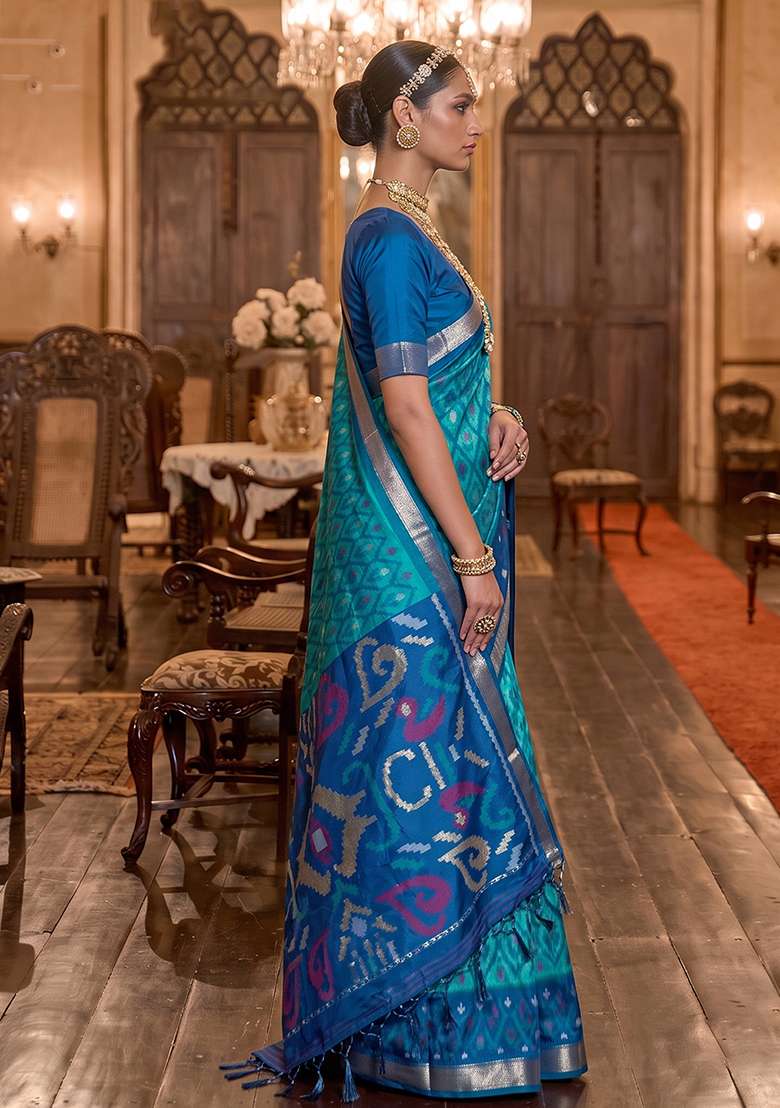Sky Blue Zari Work Silk Saree Set - Indya