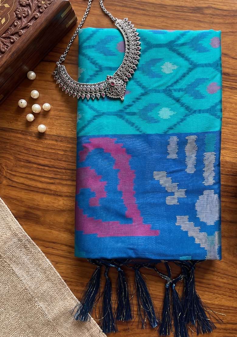 Sky Blue Zari Work Silk Saree Set - Indya