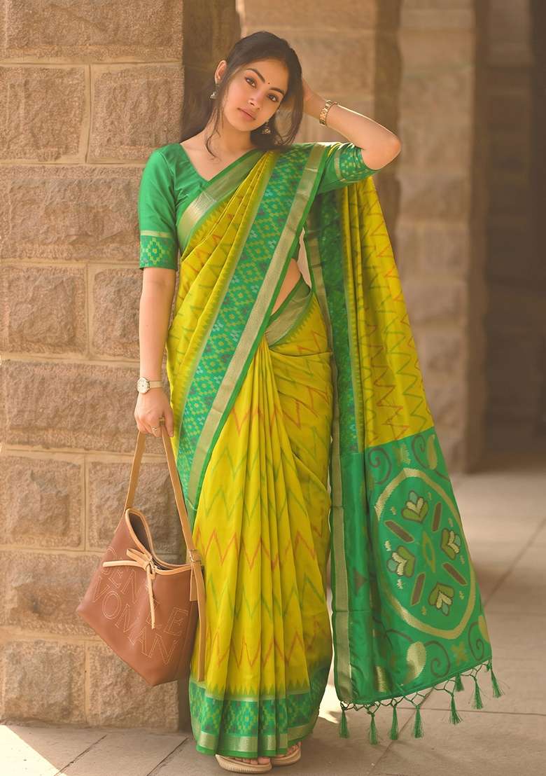 Yellow Zari Work Silk Saree Set - Indya