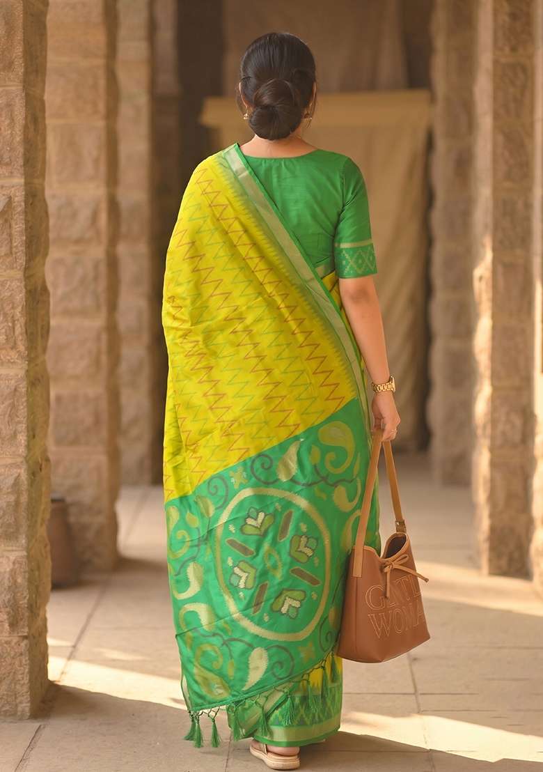 Yellow Zari Work Silk Saree Set - Indya
