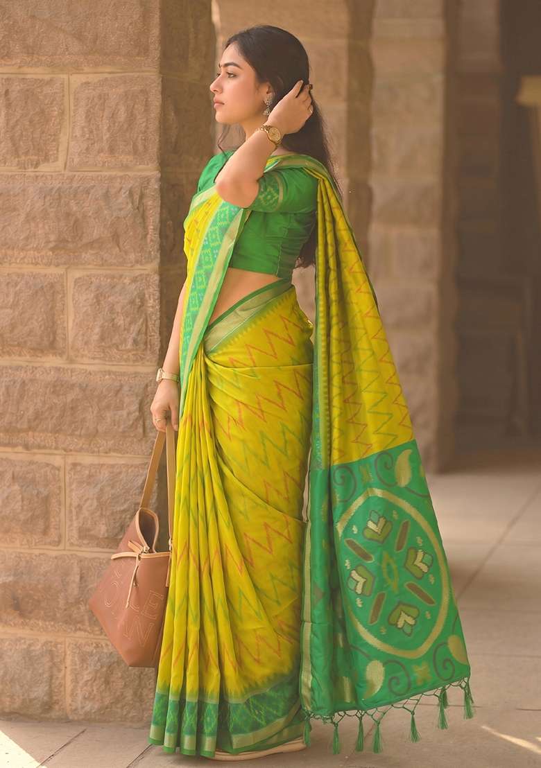 Yellow Zari Work Silk Saree Set - Indya