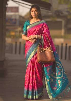 Rani Pink Zari Work Silk Saree Set