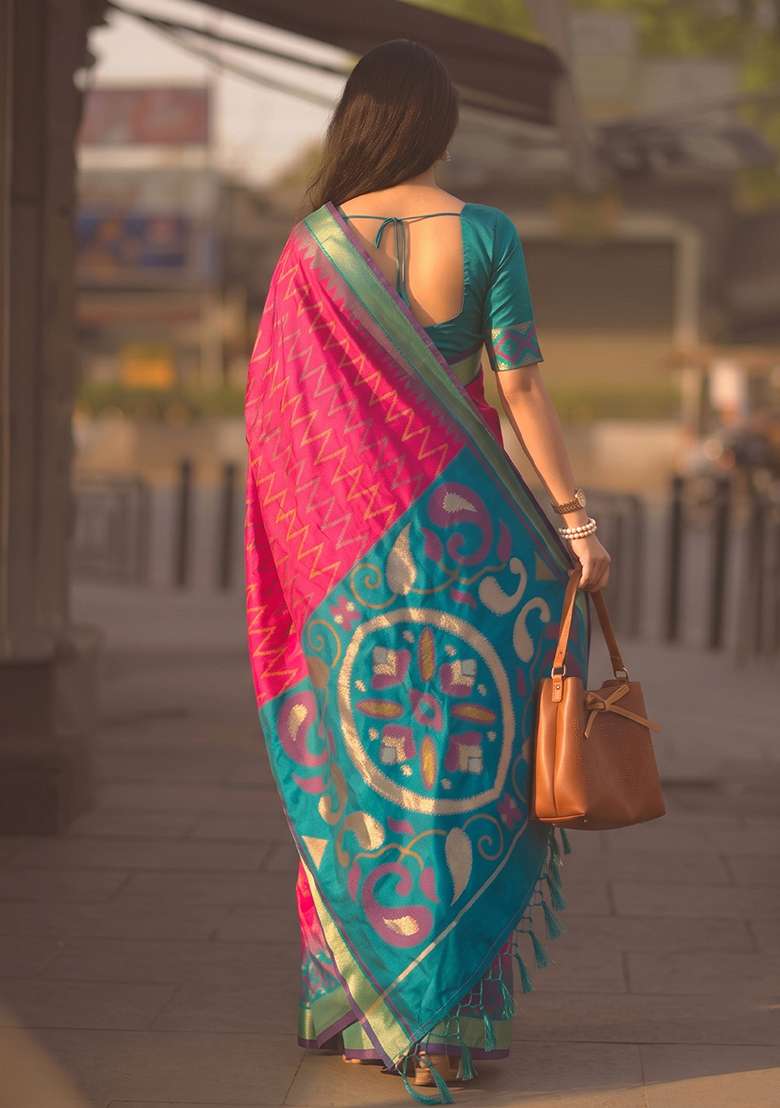 Rani Pink Zari Work Silk Saree Set - Indya