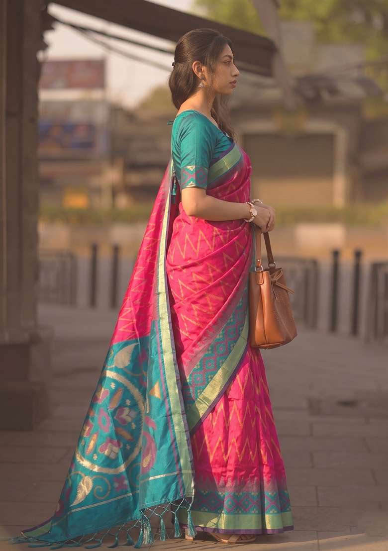 Rani Pink Zari Work Silk Saree Set - Indya