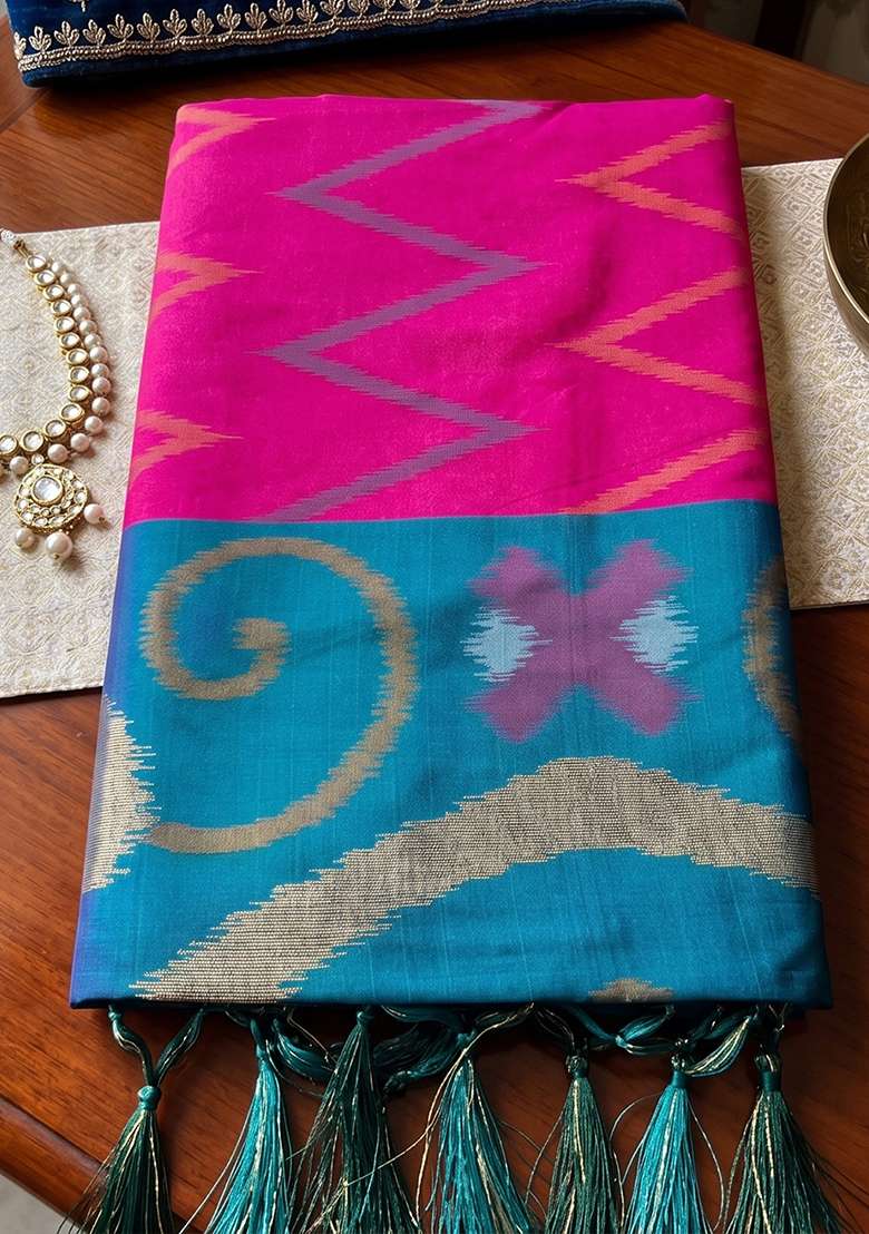 Rani Pink Zari Work Silk Saree Set - Indya