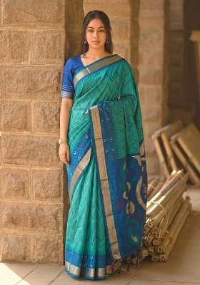 Sea Green Zari Work Silk Saree Set