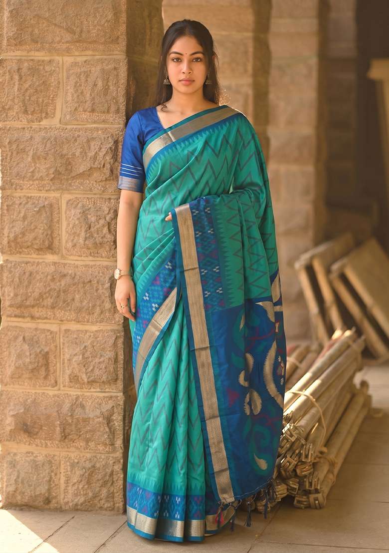 Sea Green Zari Work Silk Saree Set - Indya