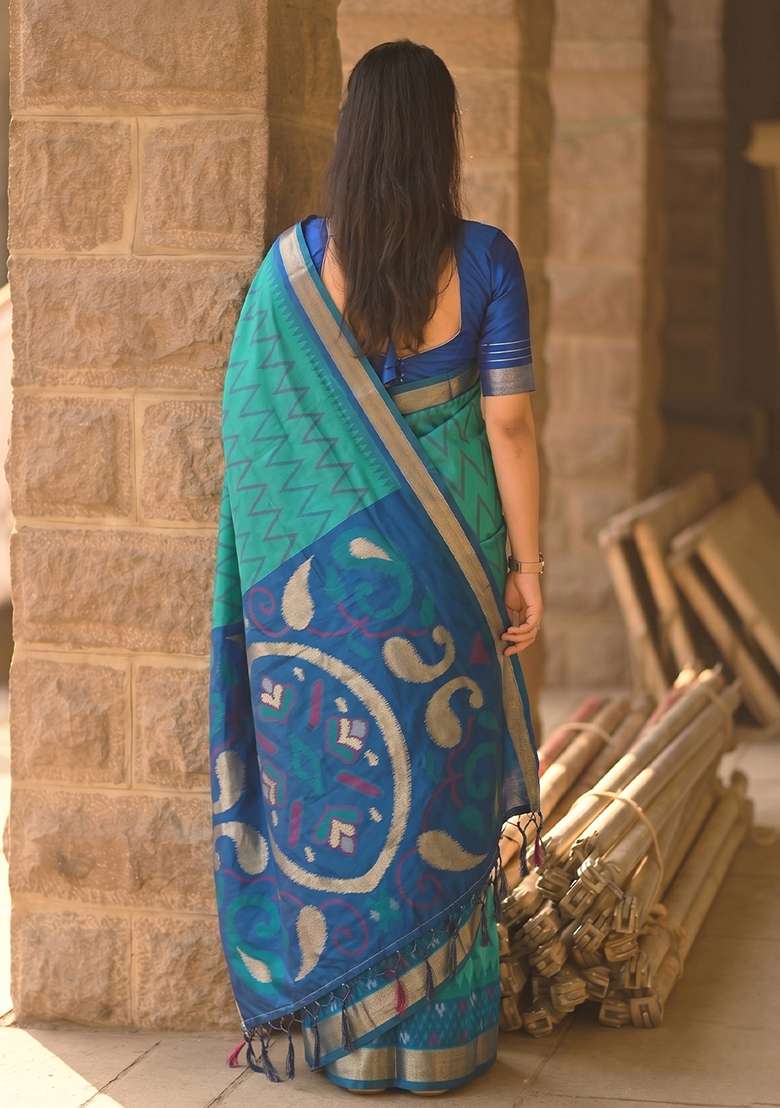Sea Green Zari Work Silk Saree Set - Indya