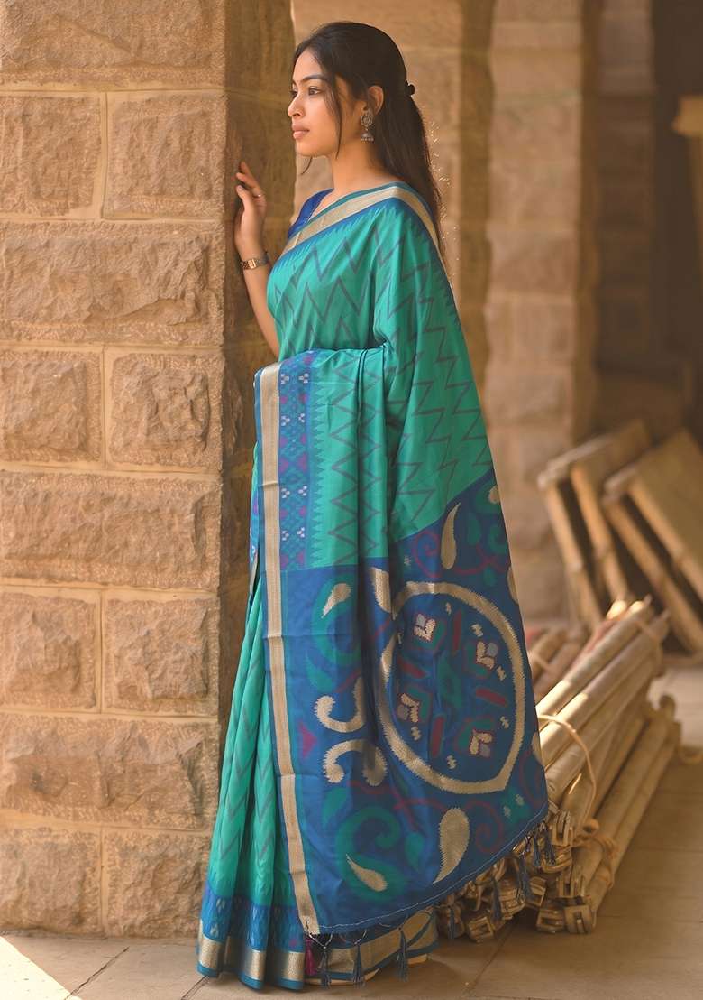 Sea Green Zari Work Silk Saree Set - Indya