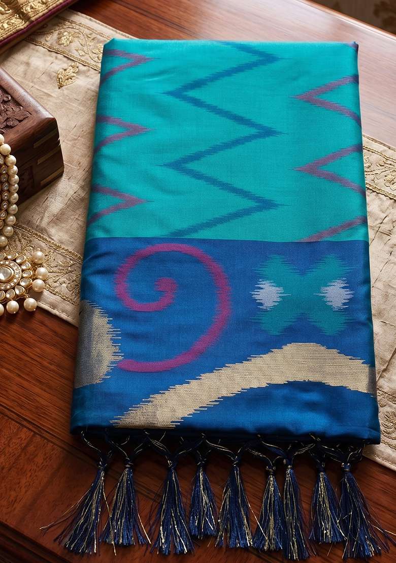 Sea Green Zari Work Silk Saree Set - Indya