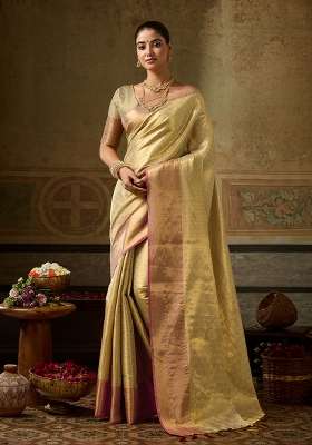 Beige Zari Work Silk Saree Set