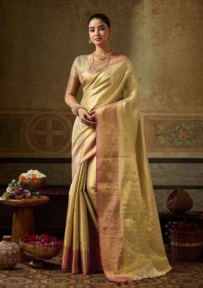 Beige Zari Work Silk Saree Set - Indya