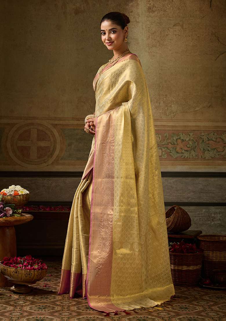 Beige Zari Work Silk Saree Set - Indya