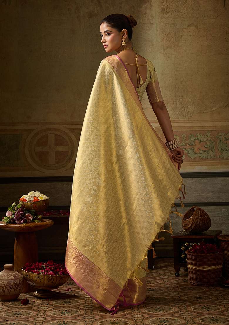 Beige Zari Work Silk Saree Set - Indya