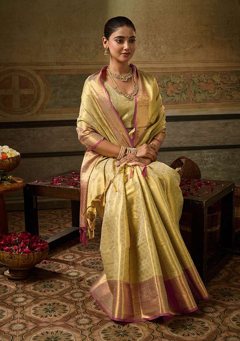 Beige Zari Work Silk Saree Set - Indya