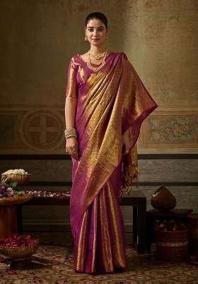 Rani Pink Zari Work Silk Saree Set