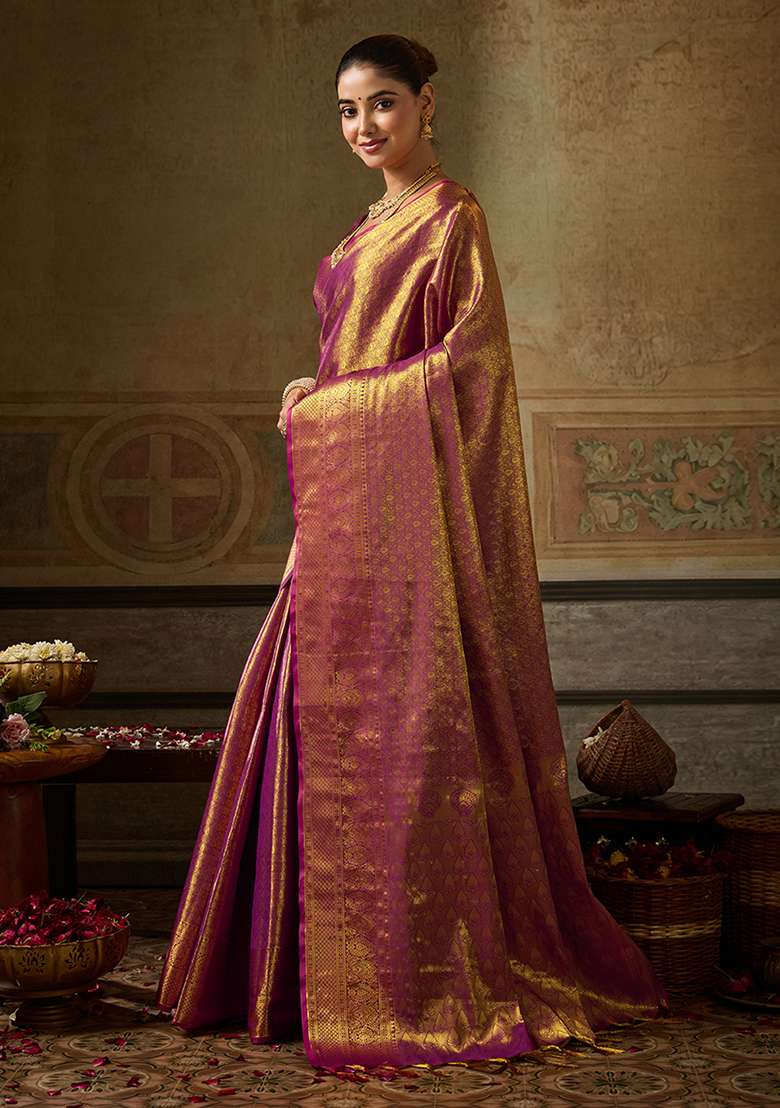 Rani Pink Zari Work Silk Saree Set - Indya
