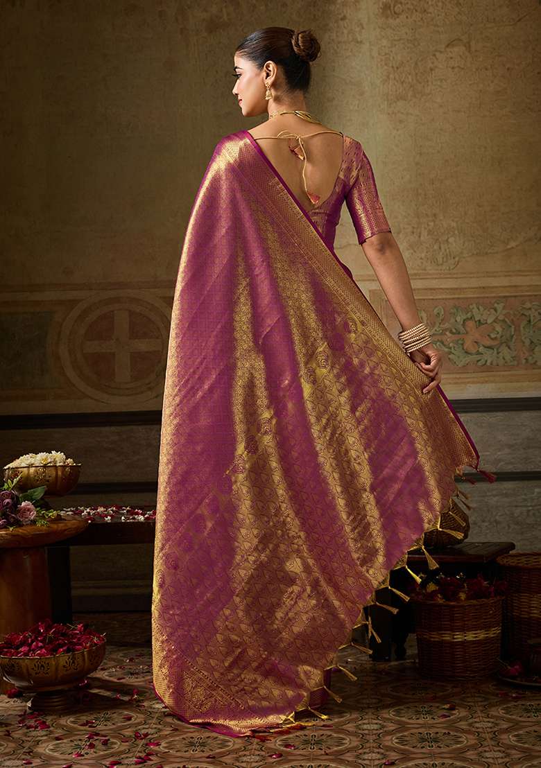 Rani Pink Zari Work Silk Saree Set - Indya