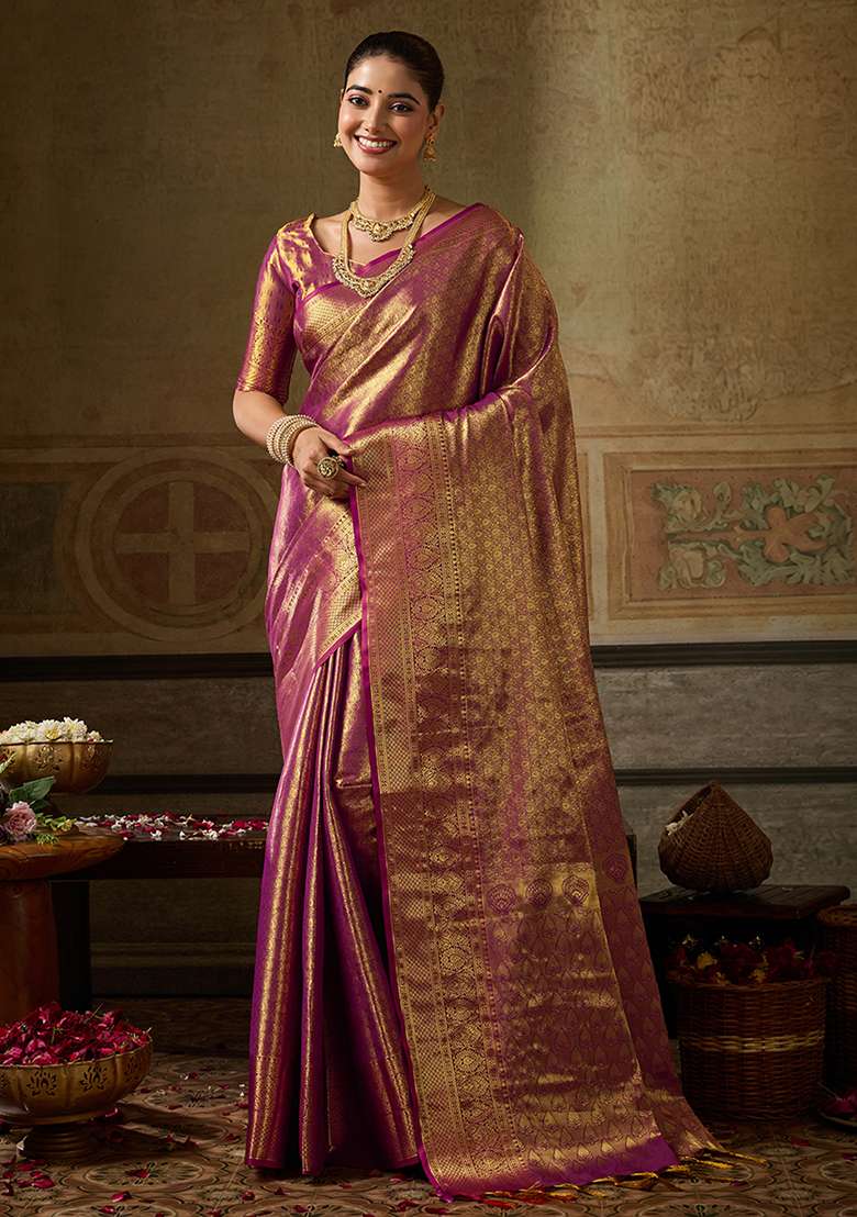 Rani Pink Zari Work Silk Saree Set - Indya