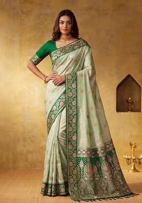 Light Green Zari Work Silk Saree Set