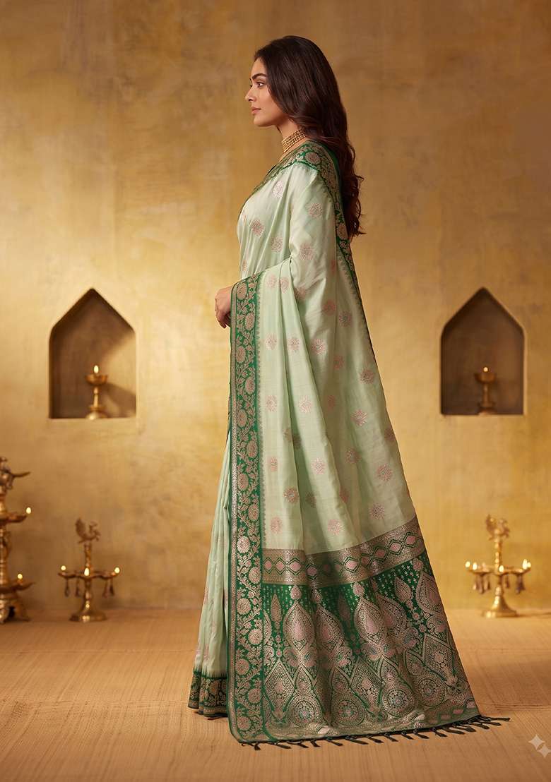 Light Green Zari Work Silk Saree Set - Indya