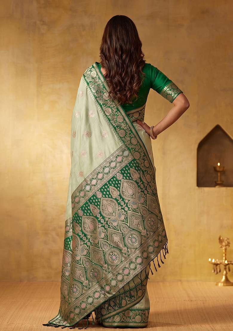 Light Green Zari Work Silk Saree Set - Indya