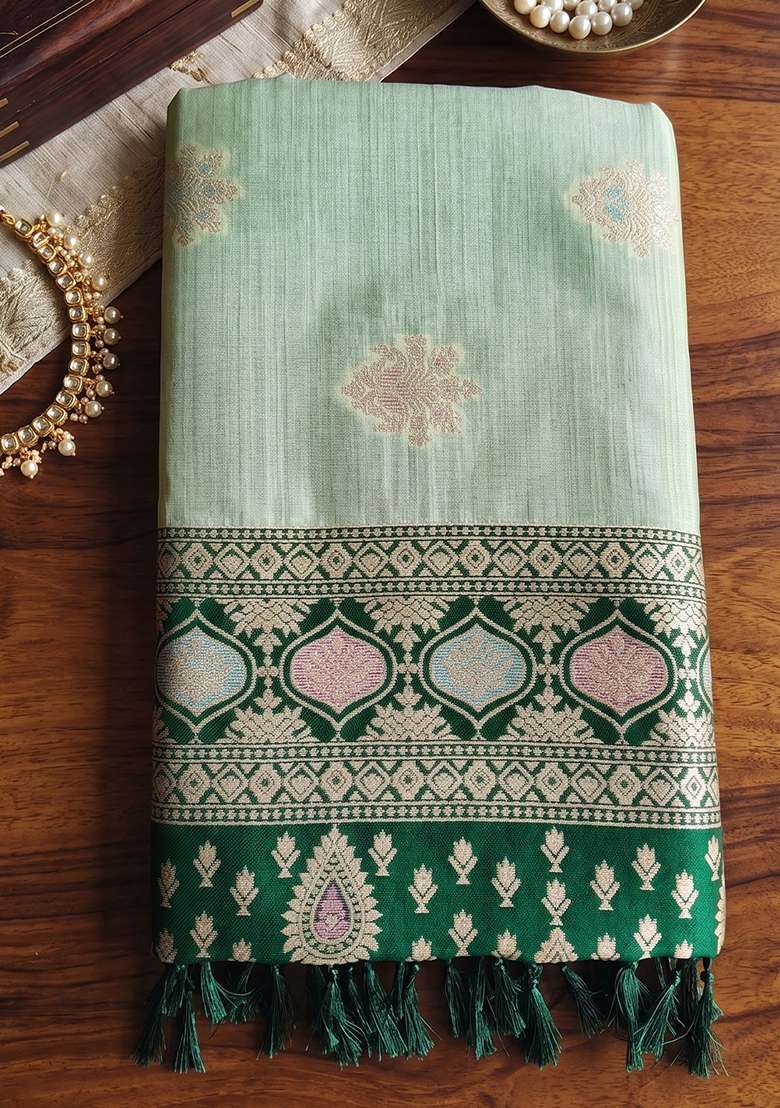 Light Green Zari Work Silk Saree Set - Indya