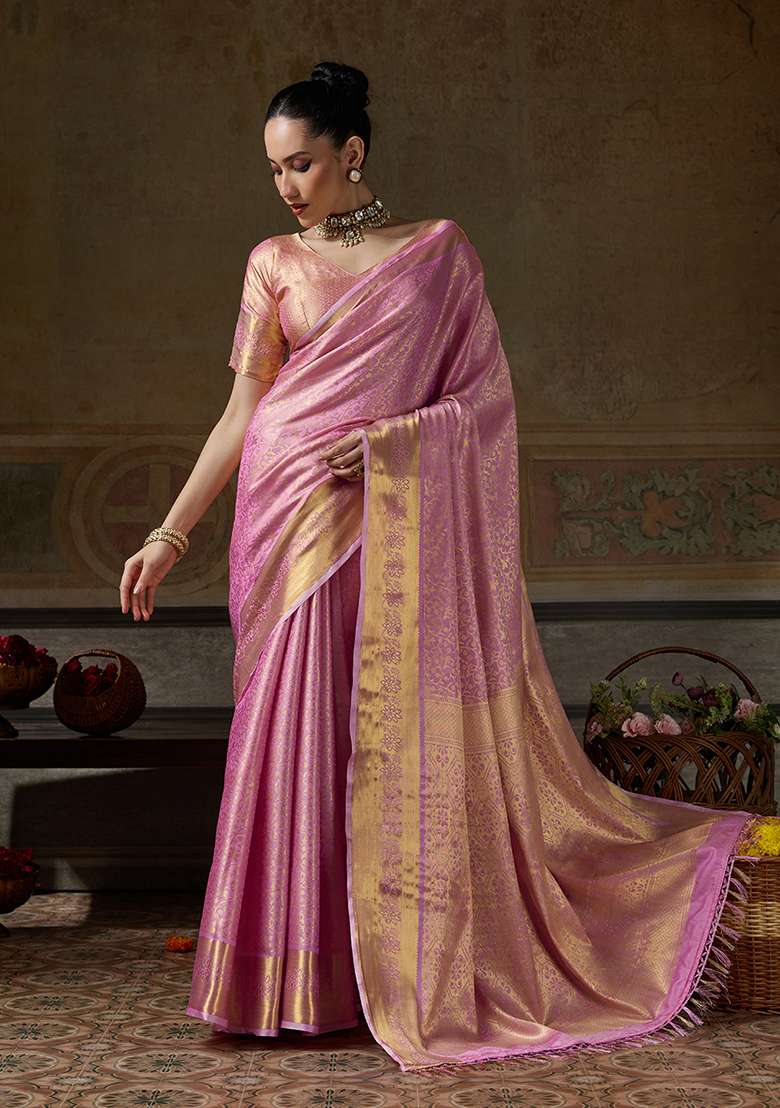 Rose Pink Zari Work Silk Saree Set - Indya