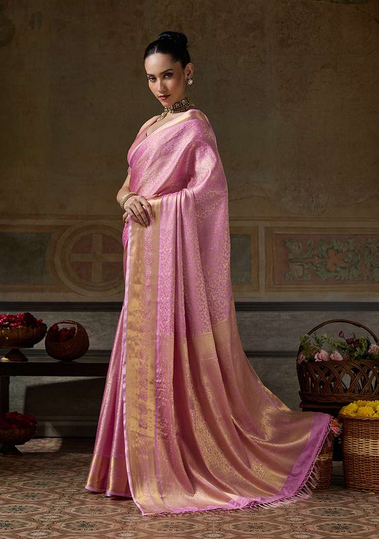 Rose Pink Zari Work Silk Saree Set - Indya