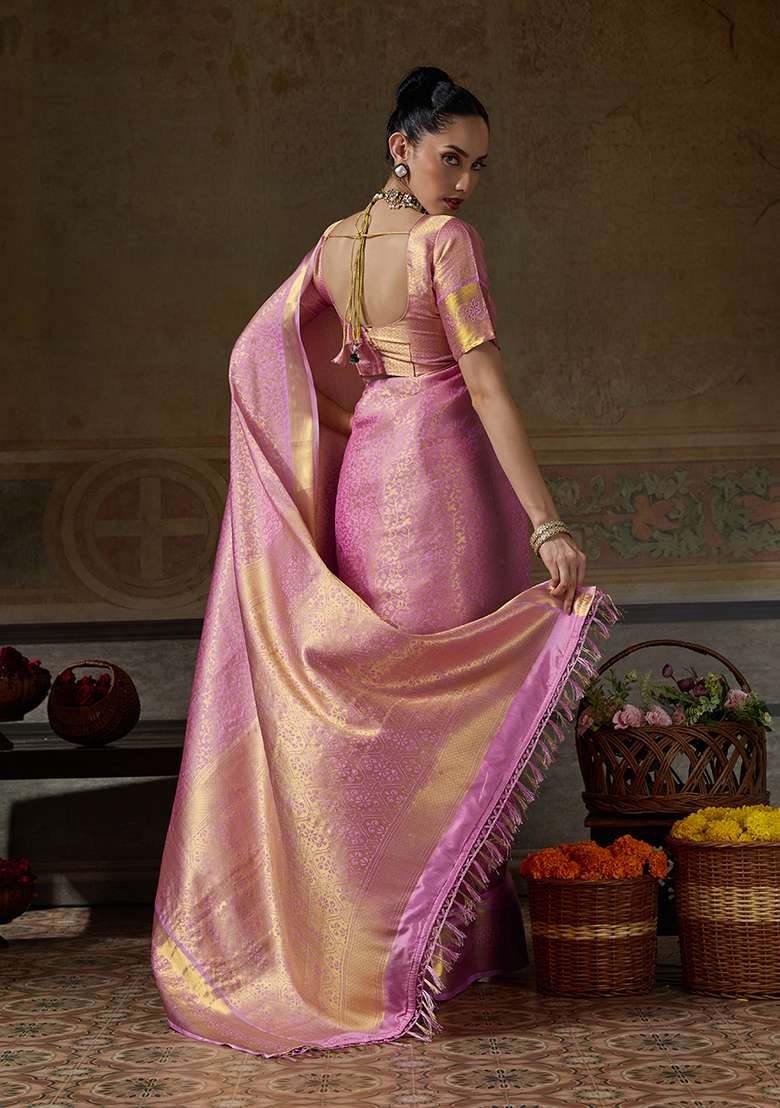 Rose Pink Zari Work Silk Saree Set - Indya