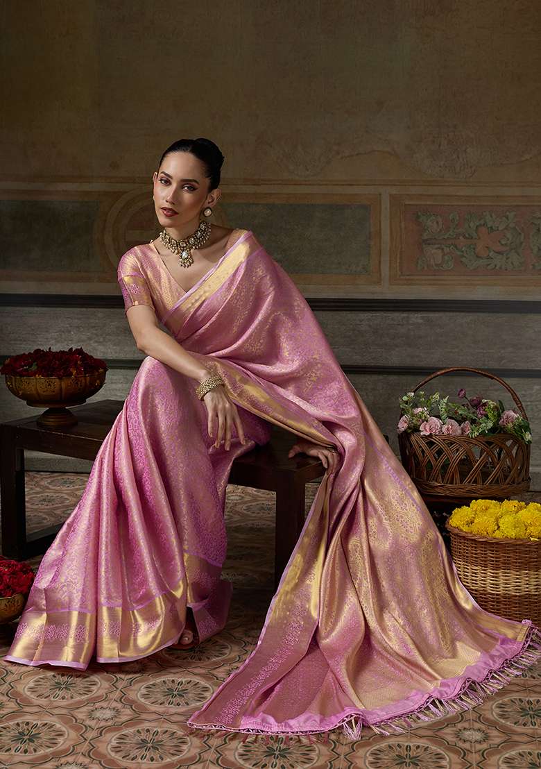 Rose Pink Zari Work Silk Saree Set - Indya
