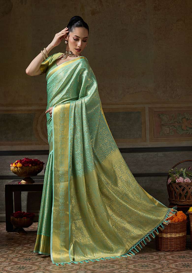 Sea Green Zari Work Silk Saree Set - Indya