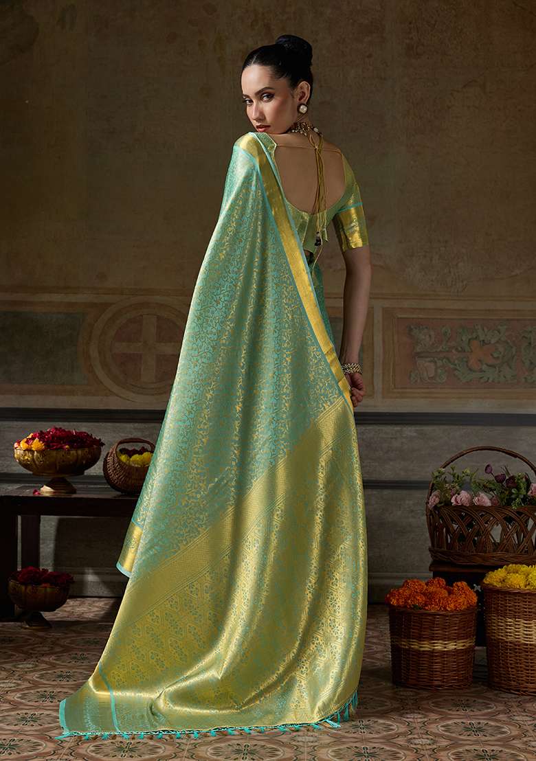 Sea Green Zari Work Silk Saree Set - Indya