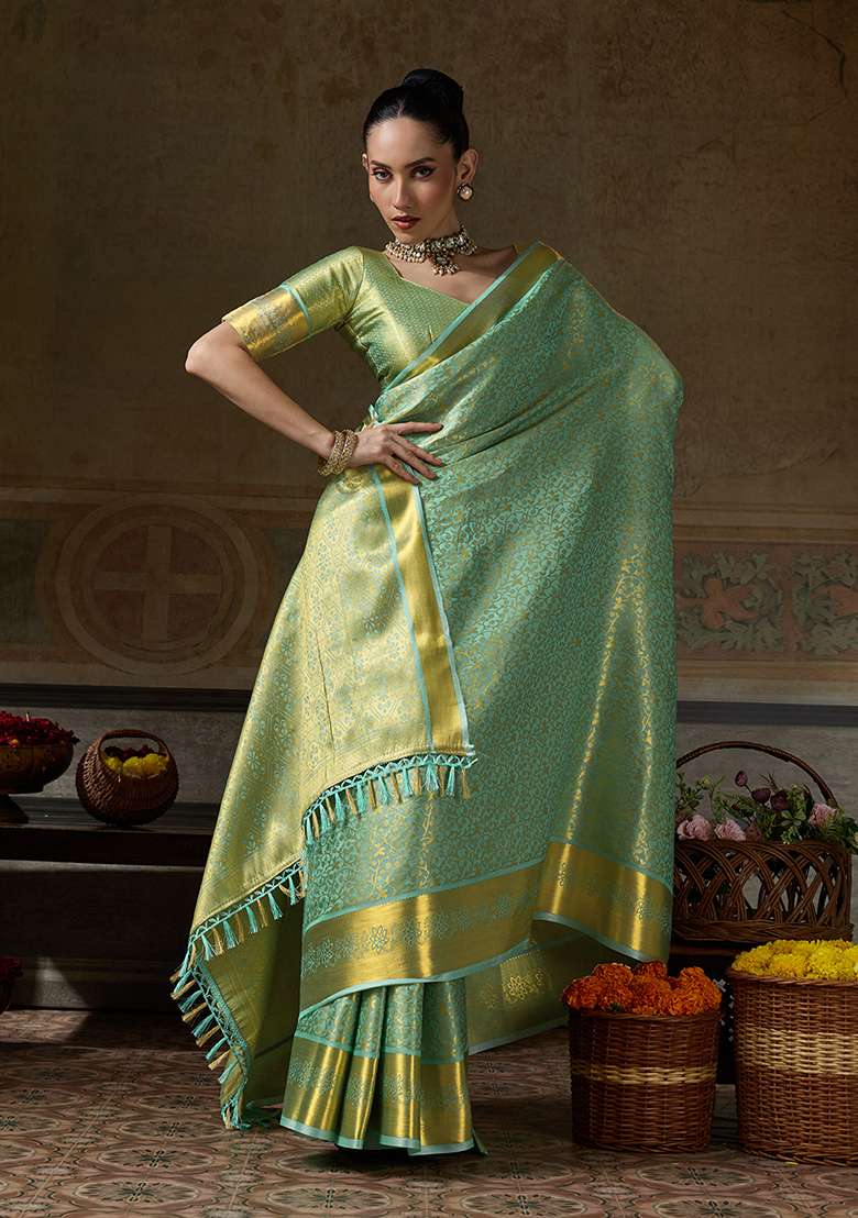 Sea Green Zari Work Silk Saree Set - Indya