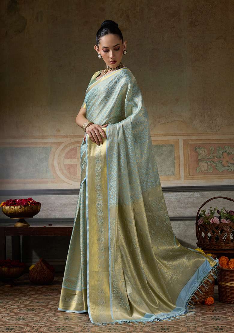 Sky Blue Zari Work Silk Saree Set - Indya