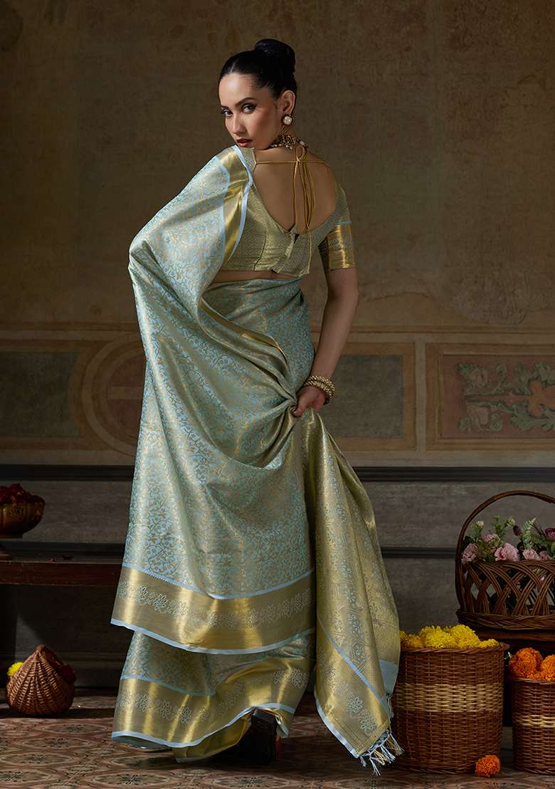 Sky Blue Zari Work Silk Saree Set - Indya