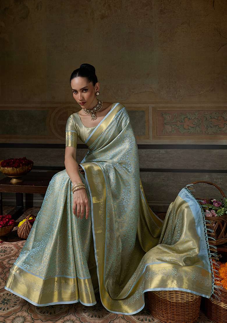 Sky Blue Zari Work Silk Saree Set - Indya