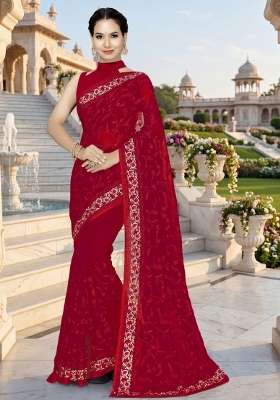 Red Georgette Saree Set with Embroidery for Diwali | Wedding & Festive Wear