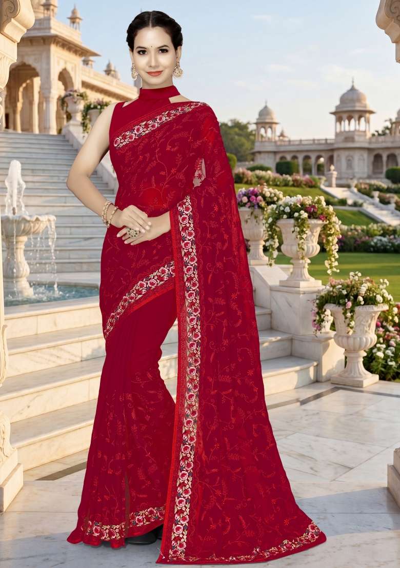 Red Georgette Saree Set with Embroidery for Diwali | Wedding & Festive Wear - Indya