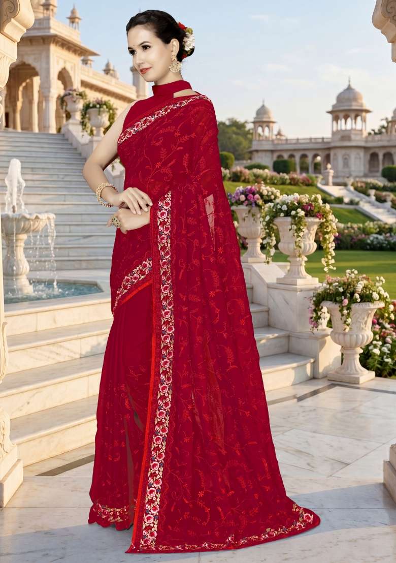 Red Georgette Saree Set with Embroidery for Diwali | Wedding & Festive Wear - Indya