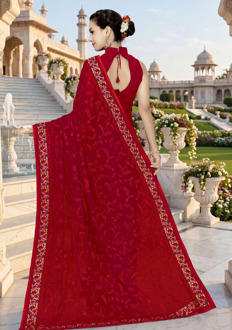 Red Georgette Saree Set with Embroidery for Diwali | Wedding & Festive Wear - Indya