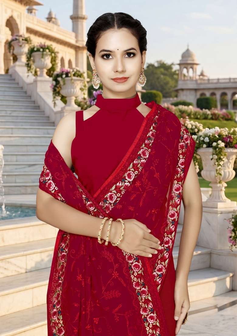 Red Georgette Saree Set with Embroidery for Diwali | Wedding & Festive Wear - Indya