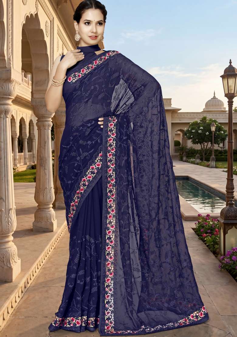 Navy Blue Georgette Saree Set with Embroidery for Diwali | Wedding & Festive Wear - Indya