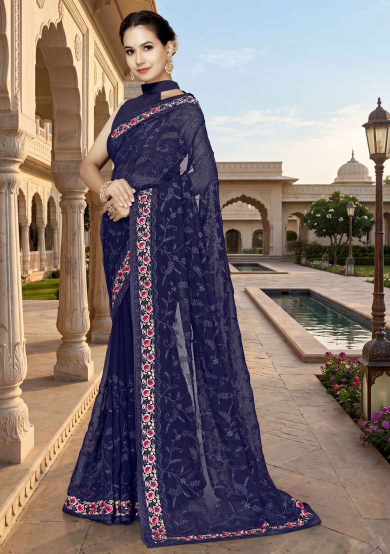 Navy Blue Georgette Saree Set with Embroidery for Diwali | Wedding & Festive Wear - Indya