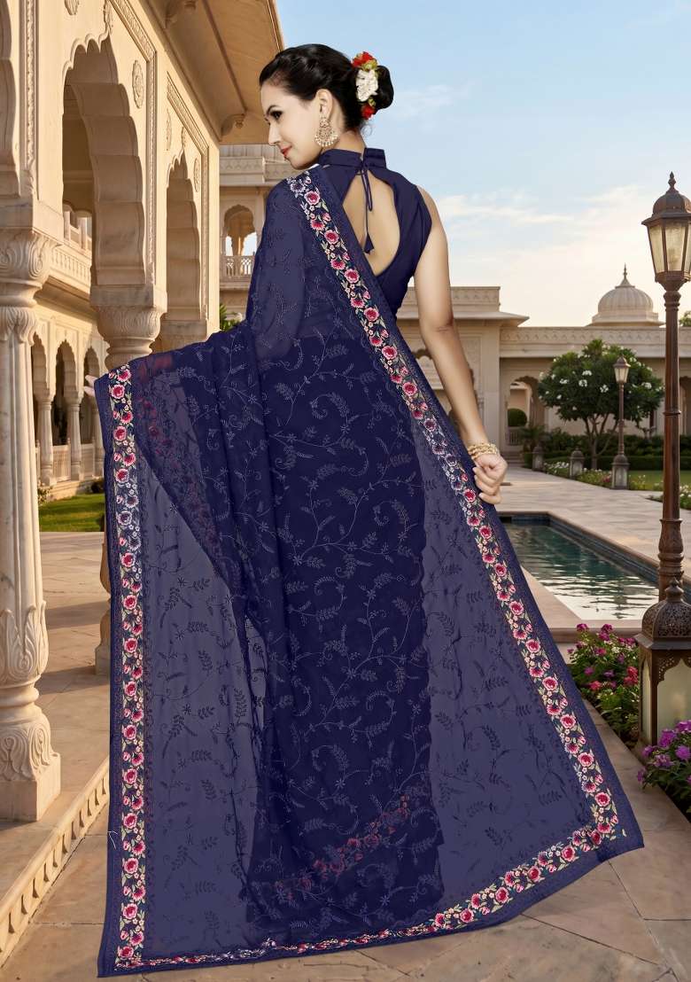 Navy Blue Georgette Saree Set with Embroidery for Diwali | Wedding & Festive Wear - Indya