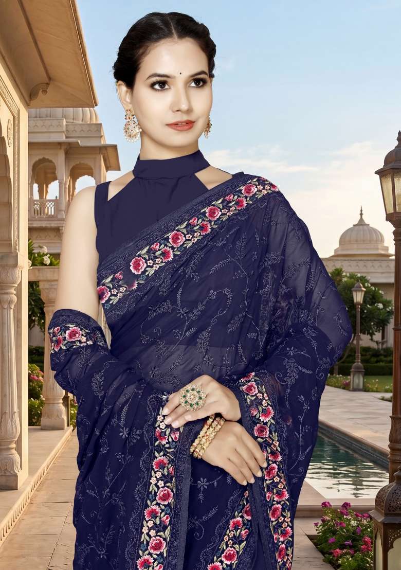 Navy Blue Georgette Saree Set with Embroidery for Diwali | Wedding & Festive Wear - Indya